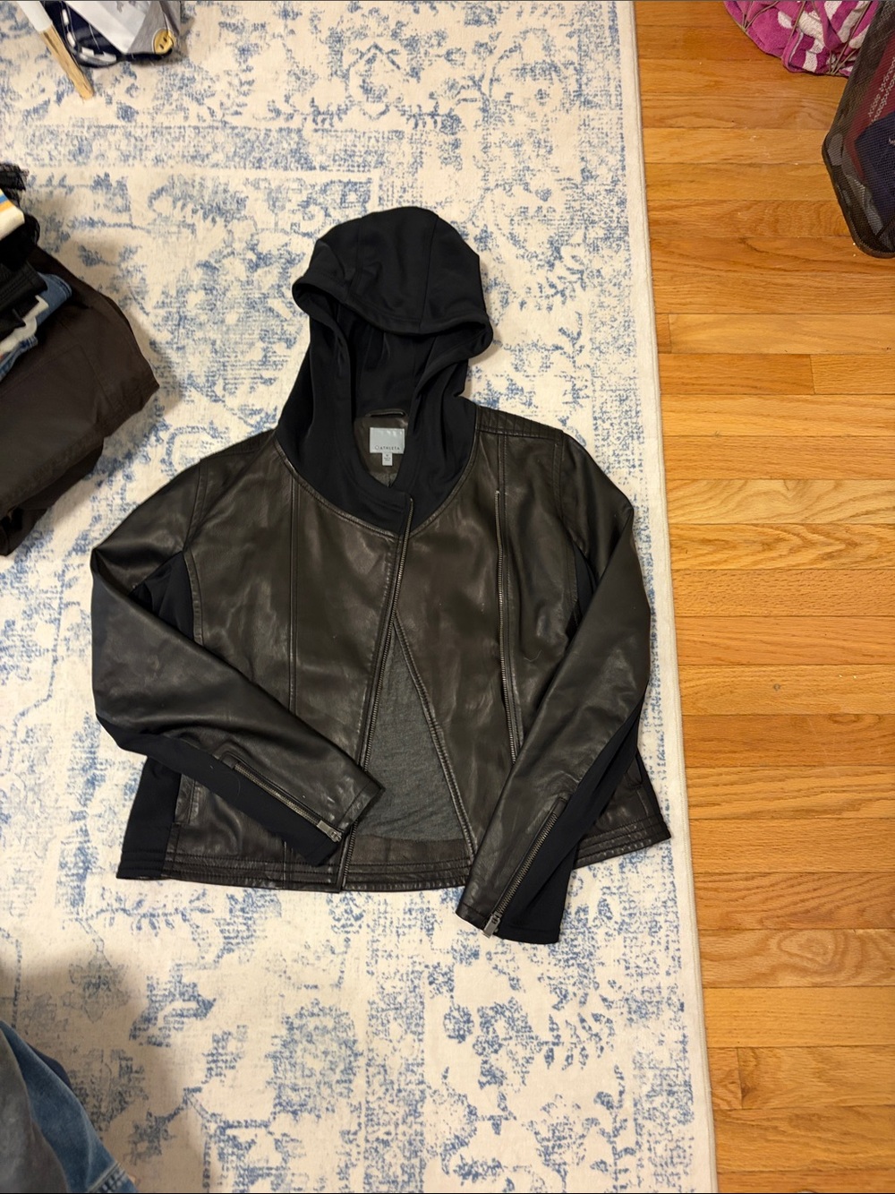 Athleta Black Hooded Faux Leather Jacket
